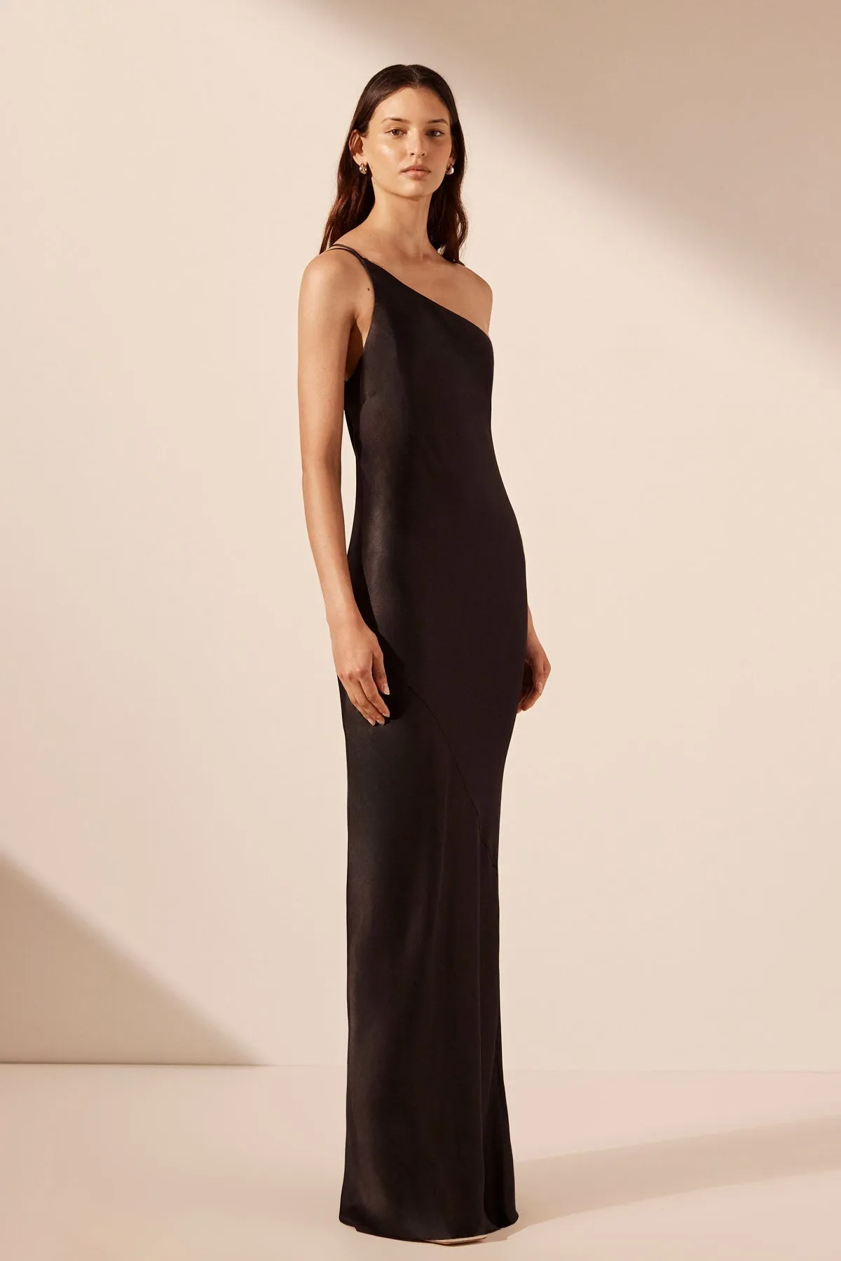 LA LUNE ONE SHOULDER COWL BACK MAXI DRESS - BLACK