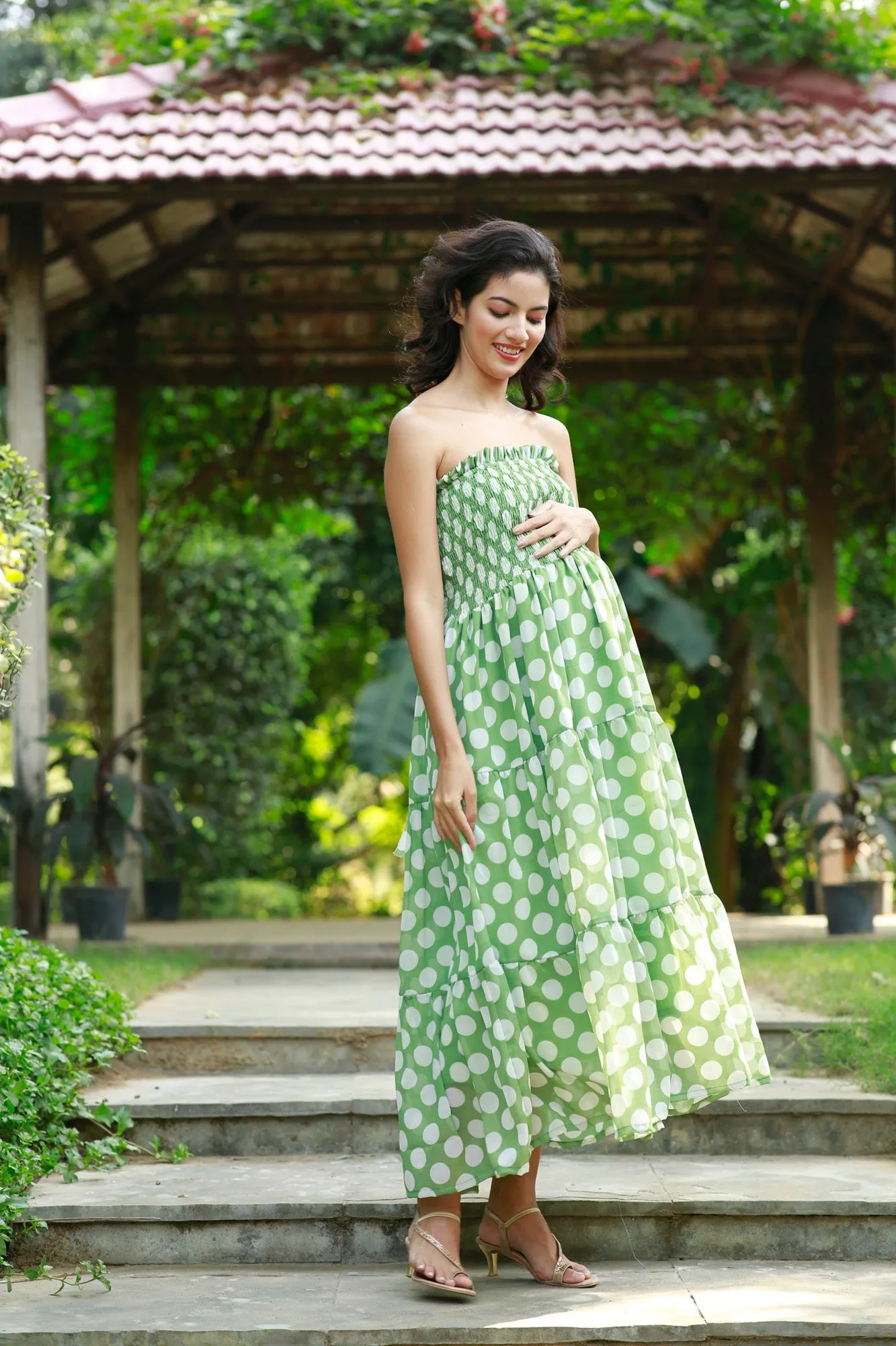 Retro Olive Green Polka Maternity Off-Shoulder Dress